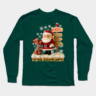 Santa and Rudolph Folk Art Style Long Sleeve T-Shirt